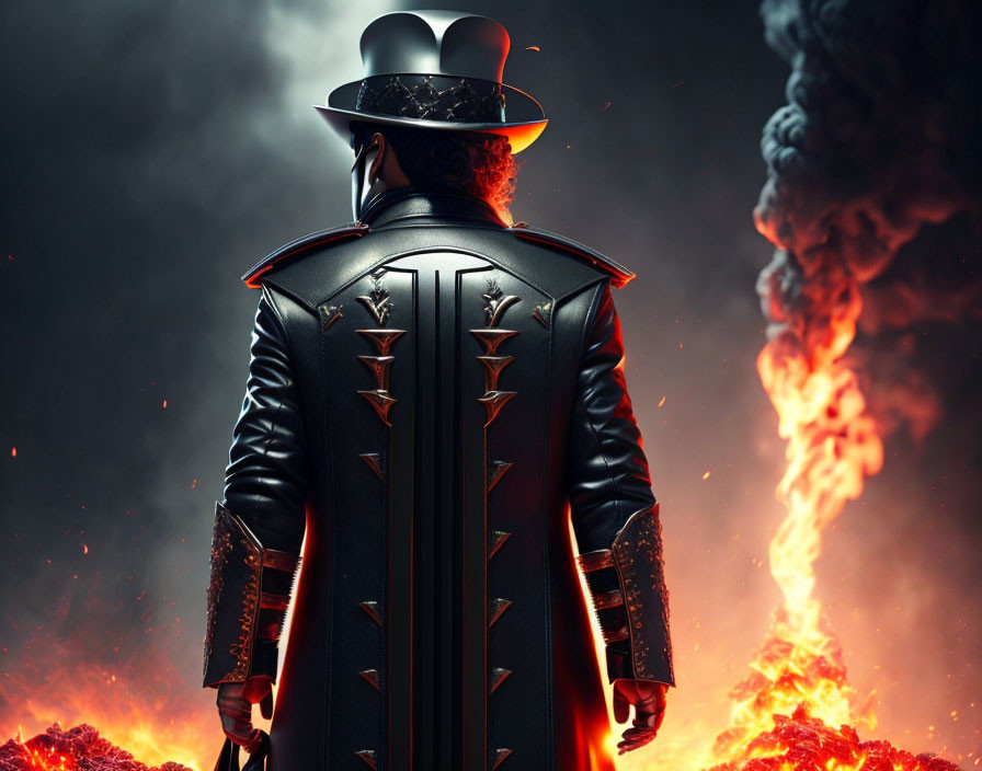 Person in black coat and top hat in front of fiery, apocalyptic landscape