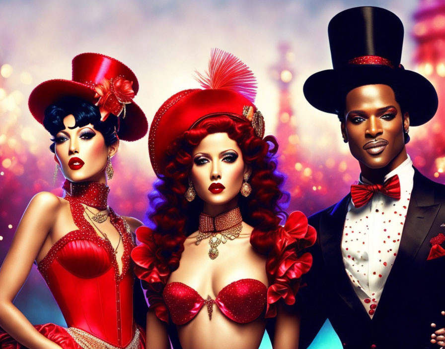 Three glamorous cabaret-inspired individuals in red and black outfits with top hats and elegant makeup against a bo