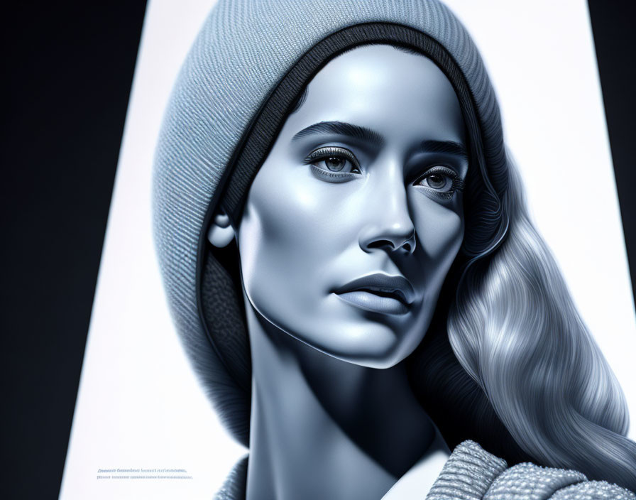 Detailed 3D female model in blue tones with beanie and sweater