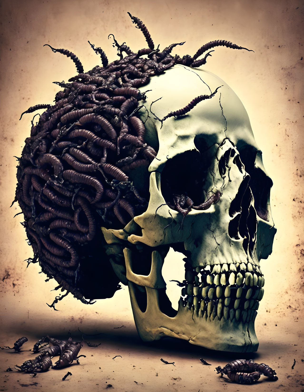 Human skull with writhing worm hair on sepia backdrop