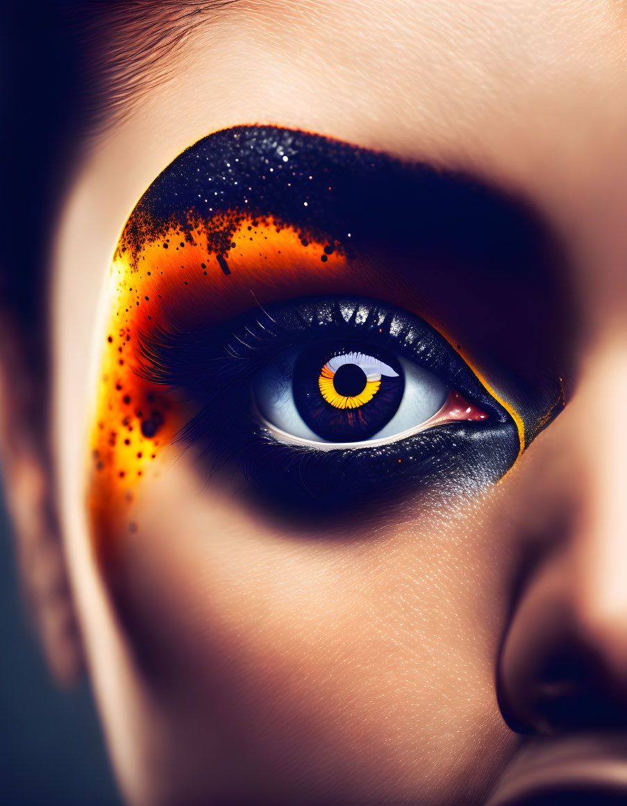 Person's Eye with Dramatic Black and Orange Makeup