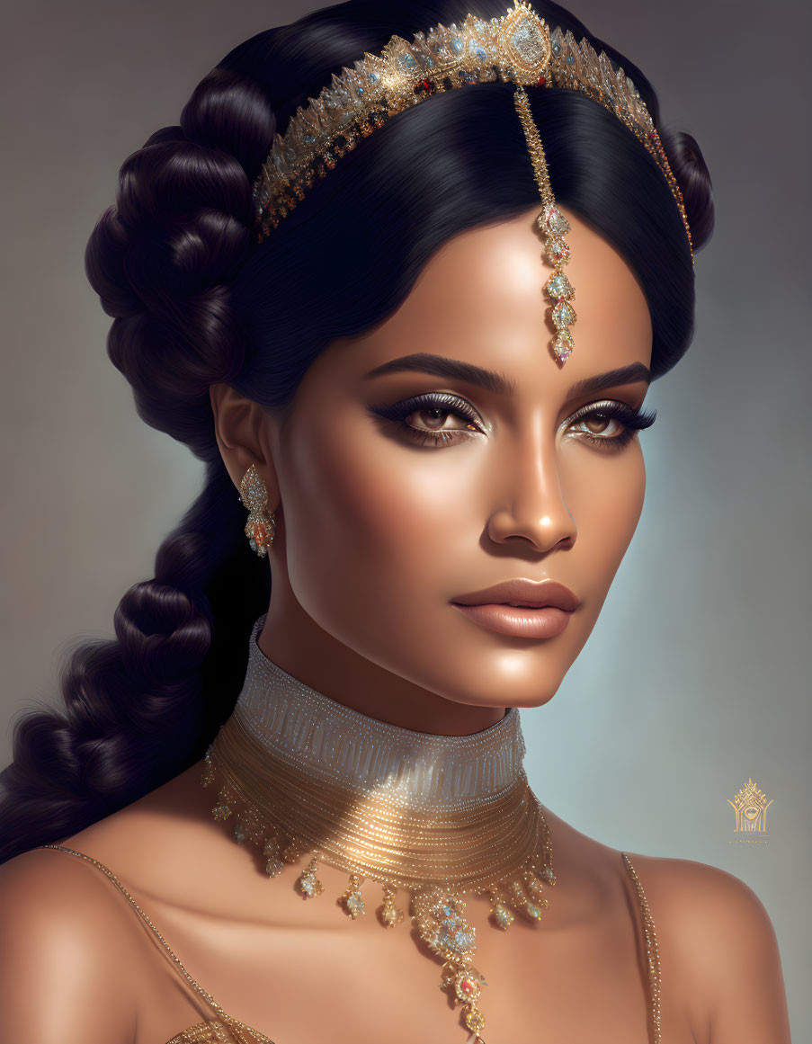 Detailed Illustration of Woman with Braided Updo & Ornate Gold Jewelry