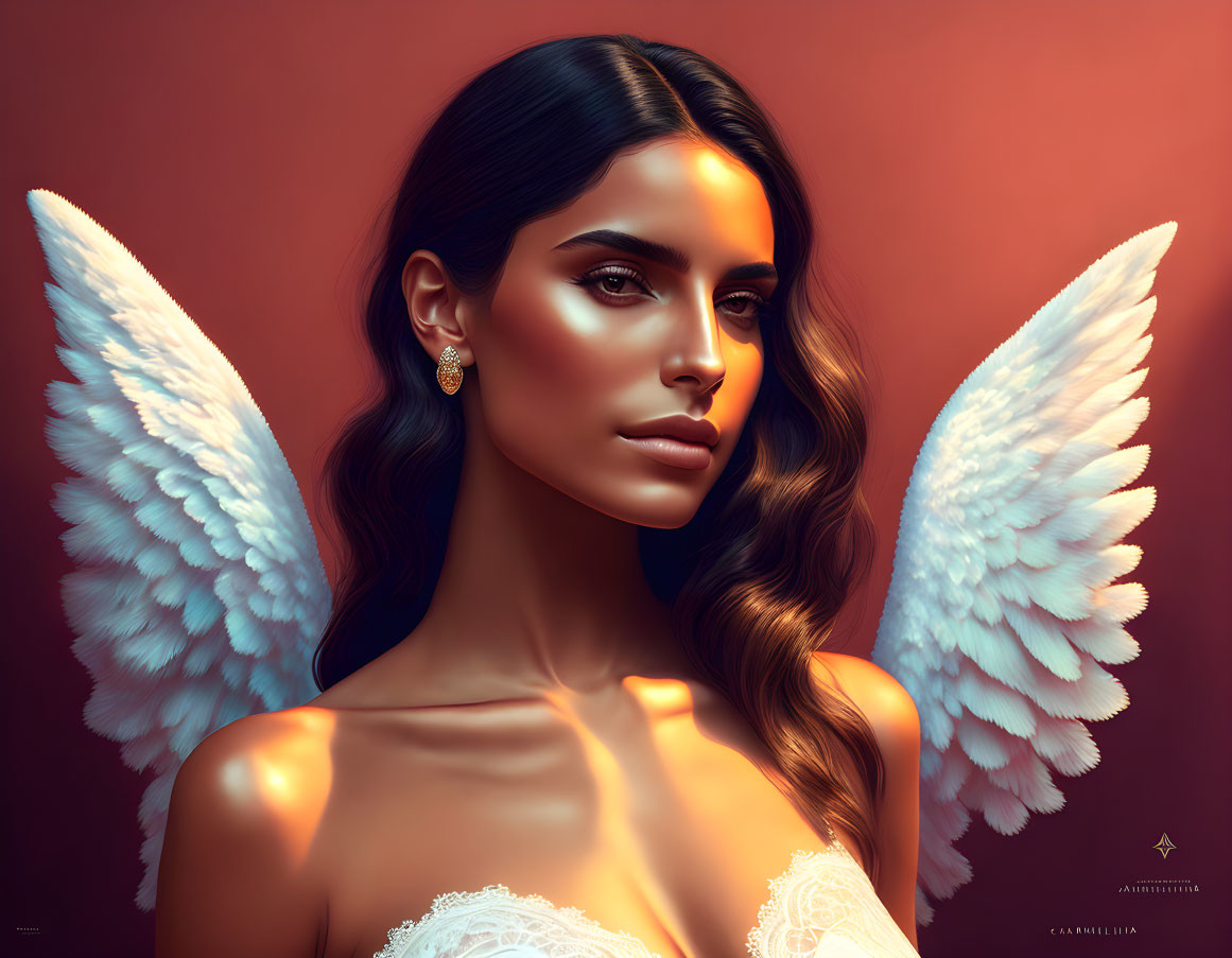 Digital portrait of woman with angel wings and dark hair on warm background