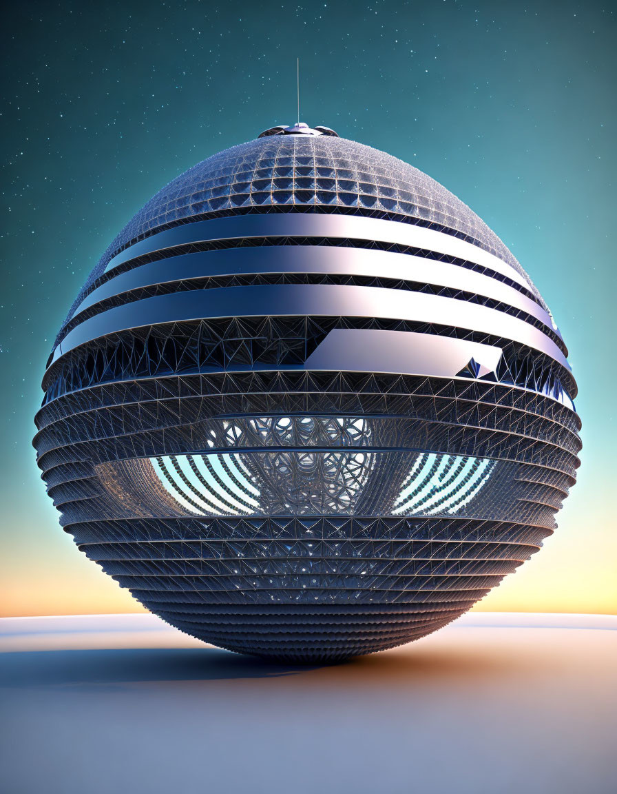 Futuristic spherical building with intricate patterns at twilight