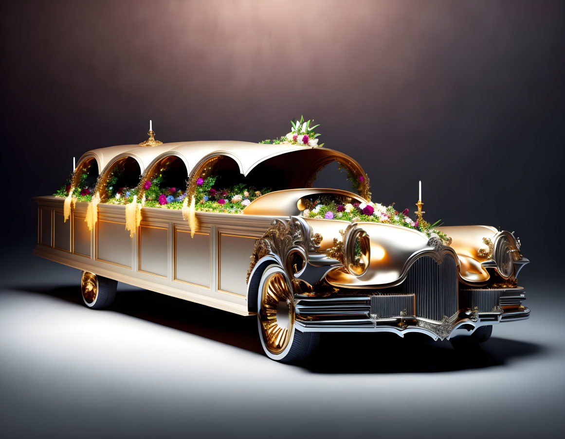 Vintage hearse with ornate design and floral decorations