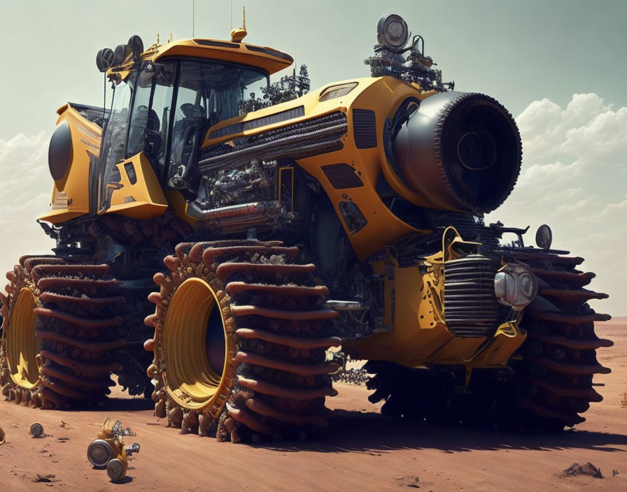 Futuristic heavy-duty vehicle with tank treads on extraterrestrial terrain