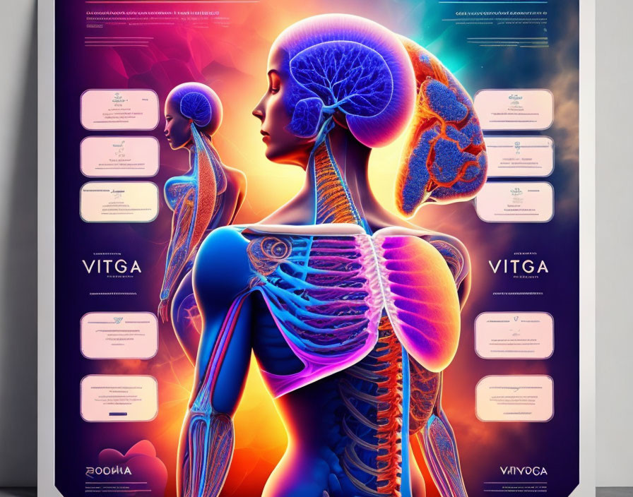 Detailed Medical Poster Featuring Human Anatomy: Brain, Nervous, and Respiratory Systems Described