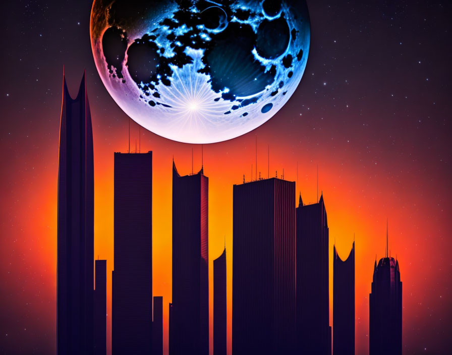 Futuristic city skyline with tall skyscrapers and fantastical planet at dusk