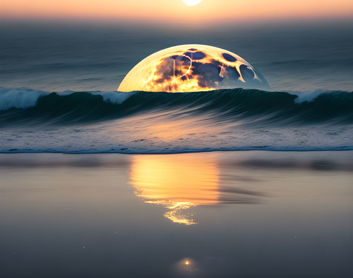 Fiery moon rising above ocean waves with reflection.