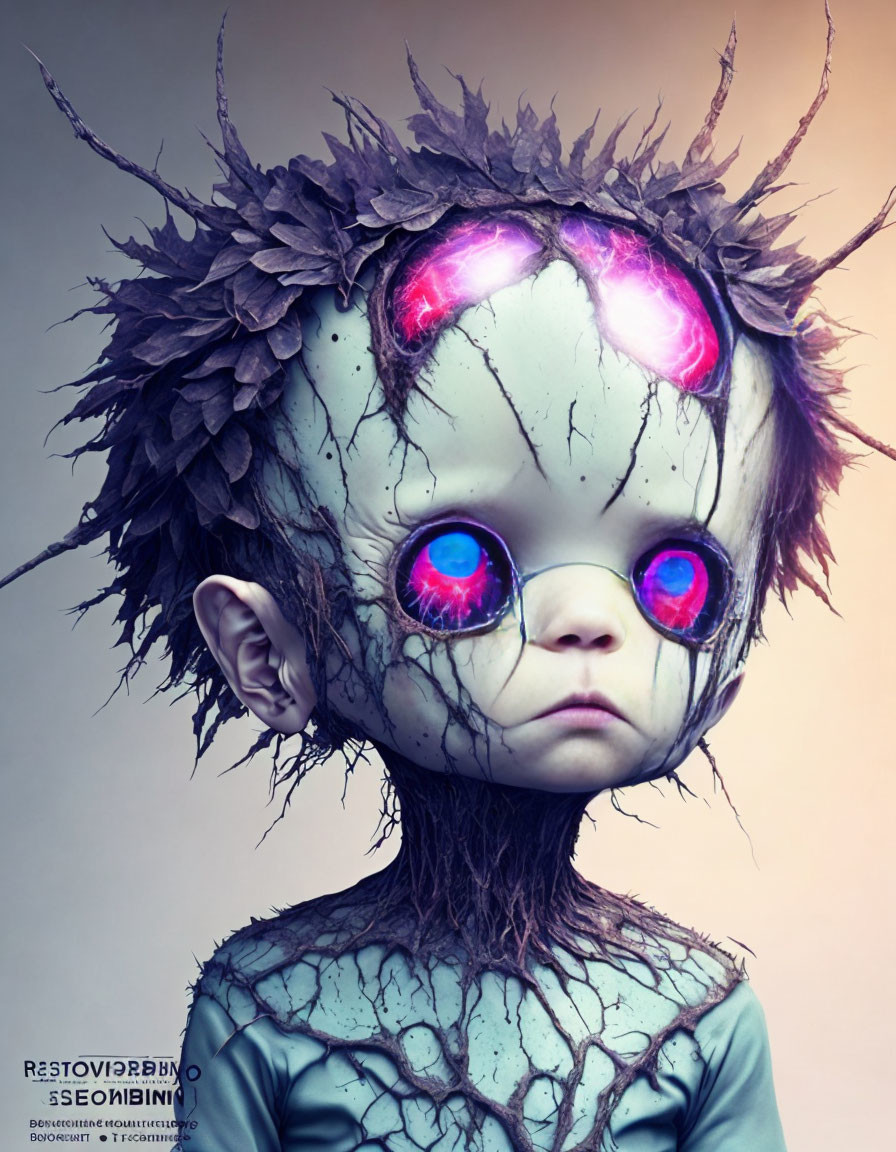 Digital artwork of child-like creature with glowing purple eyes and cracked skin