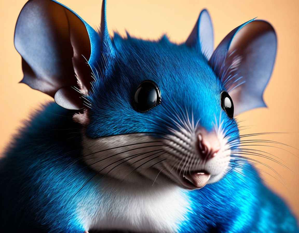 Blue Mouse with Large Eyes and Prominent Ears on Orange Background