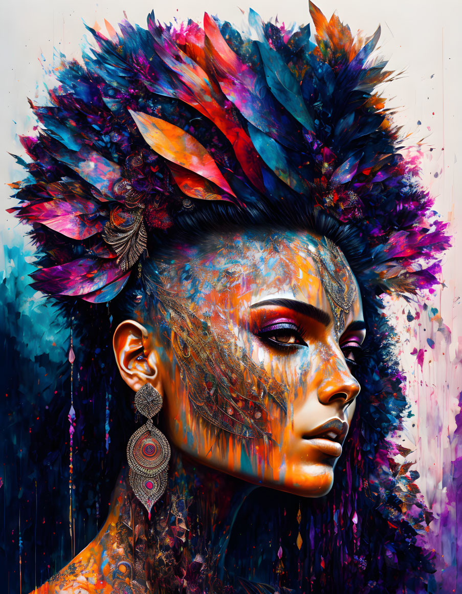 Colorful Portrait of Woman with Feather Headdress and Face Paint