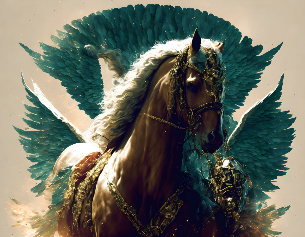 Winged horse with golden armor in luminous setting