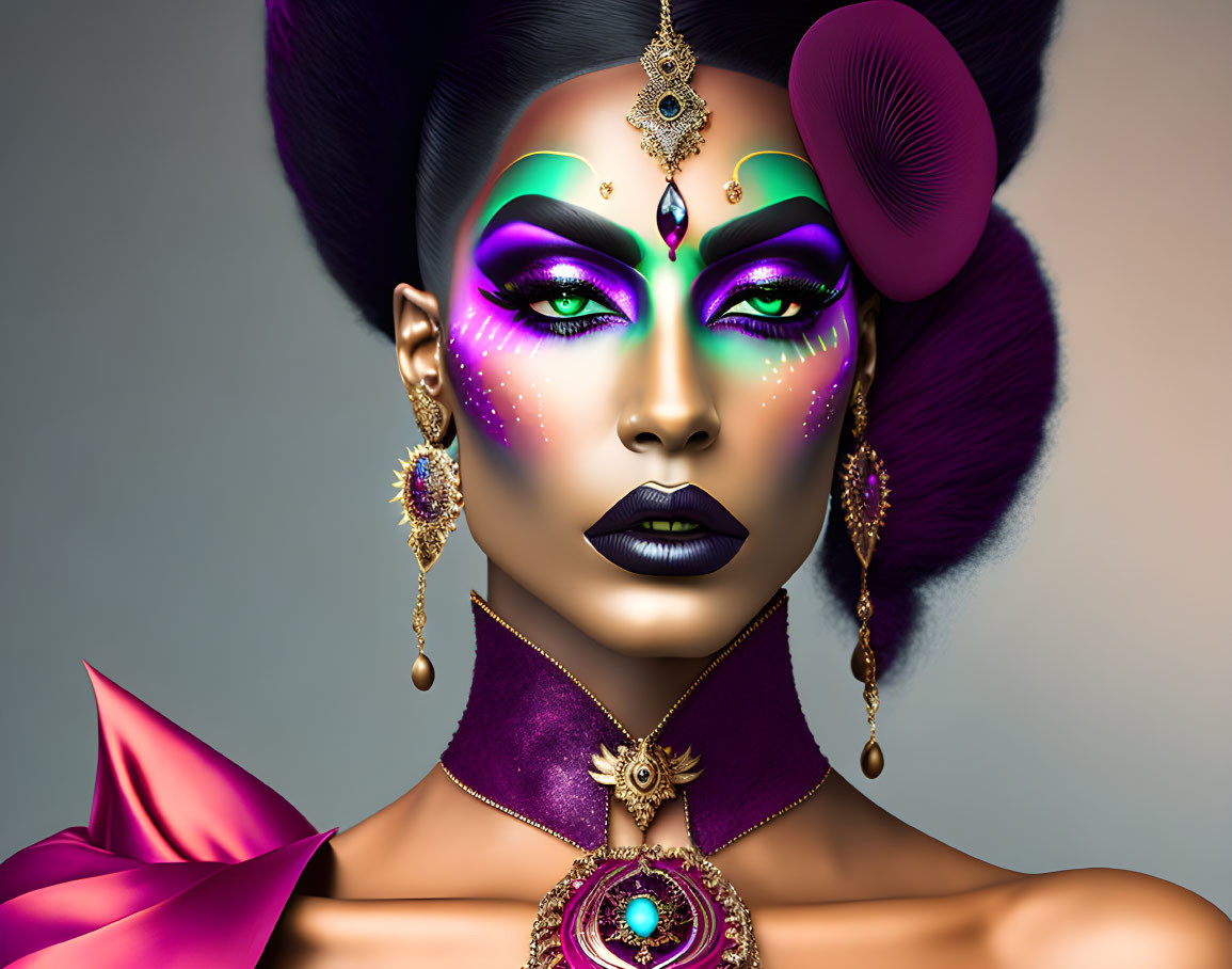 Vibrant purple and green makeup on woman with gold jewelry and elaborate hairstyle.