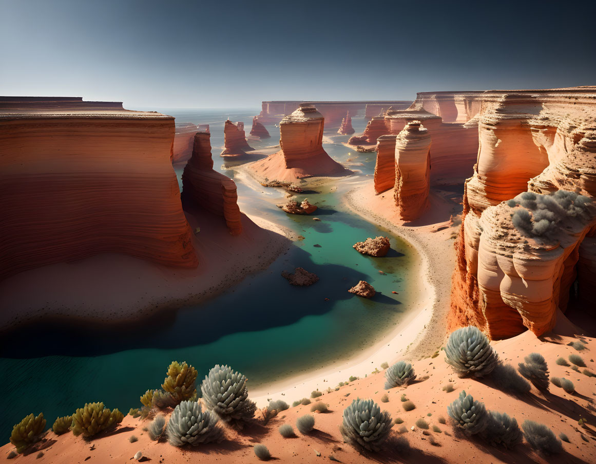 Tranquil desert landscape with sandstone formations and winding river