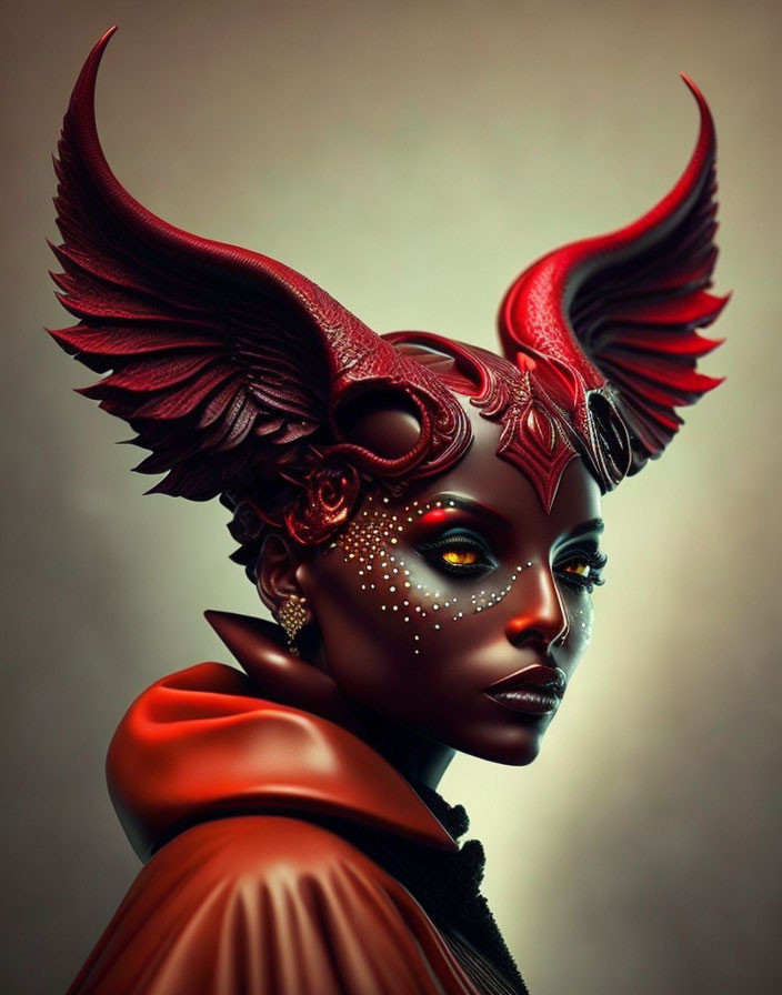 Digital artwork featuring person with red horns and facial markings