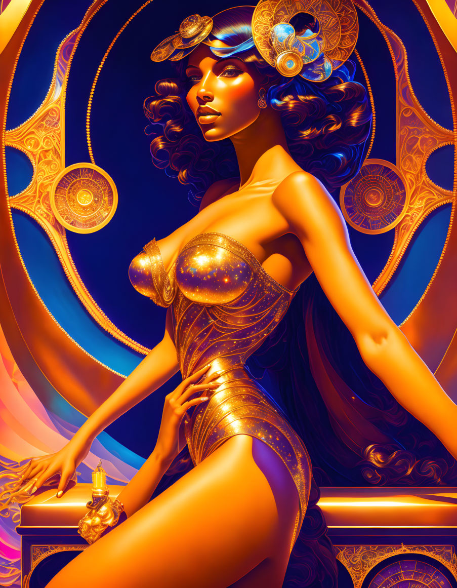 Woman in Golden Futuristic Attire on Cosmic Background