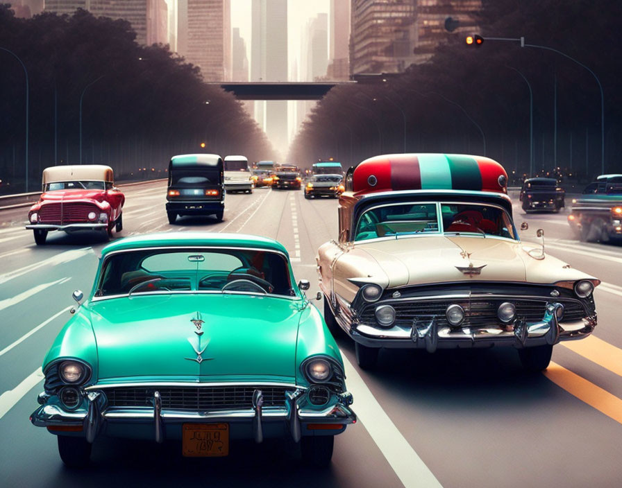 Classic cars driving on city road with modern backdrop