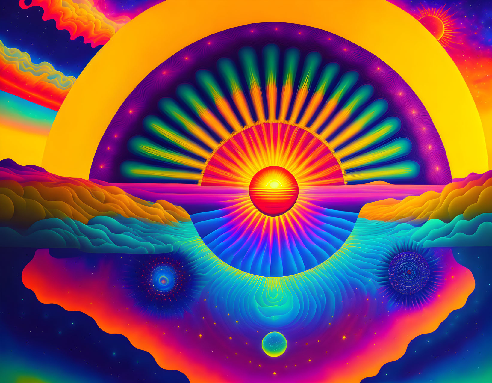 Colorful Psychedelic Landscape with Sun, Swirling Skies, and Floating Eyeballs