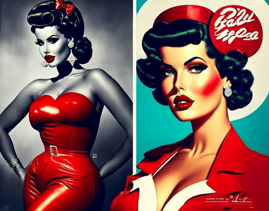 Illustrations of Woman in Vintage Pin-Up Style with Red Outfit