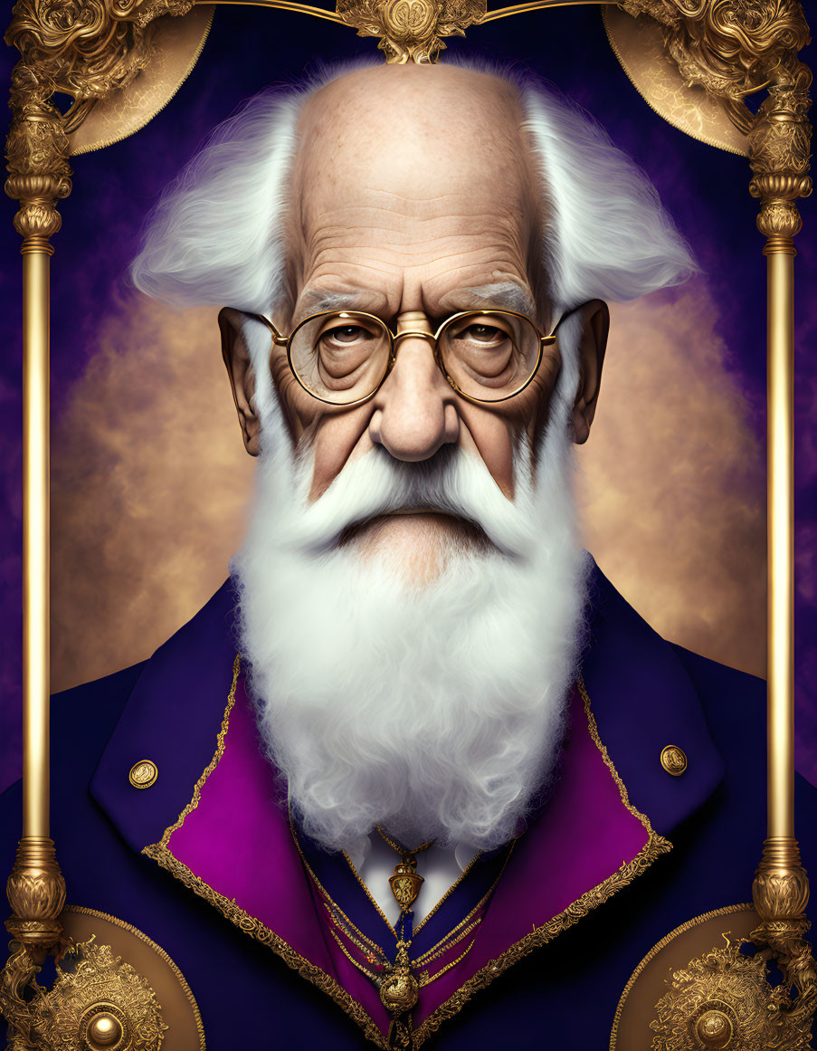 Portrait of a man with white beard, glasses, gold medallion, purple jacket.