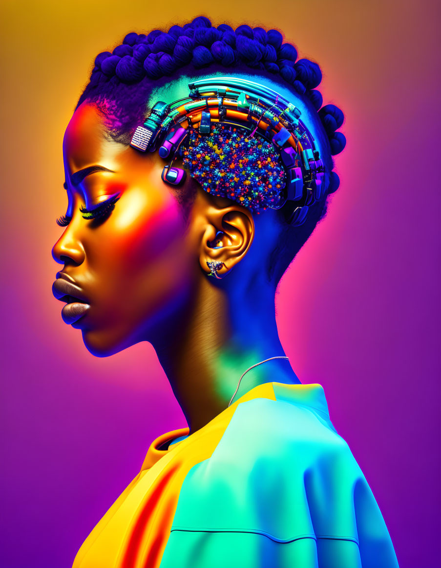 Colorful Cybernetic Enhancements on Woman's Side Profile Against Gradient Background