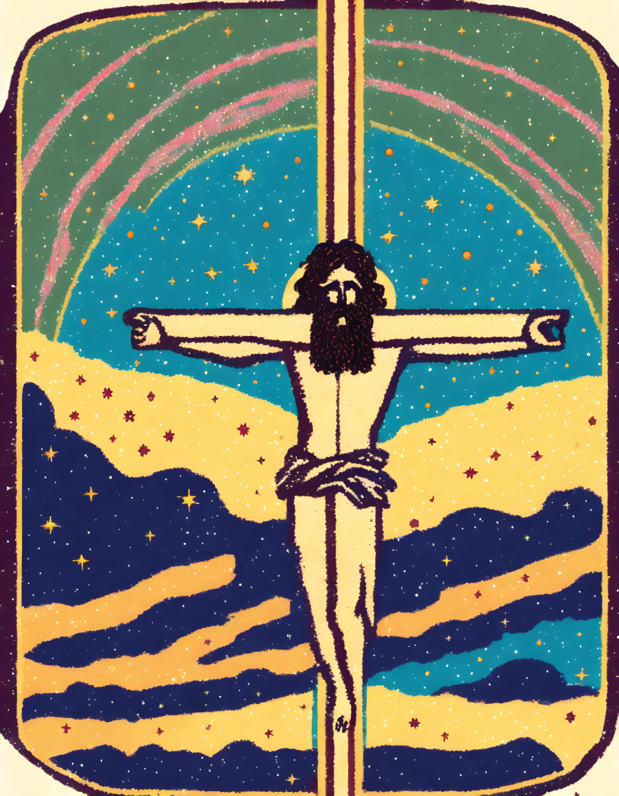 Stylized vintage illustration of figure on cross with stars and aurora waves