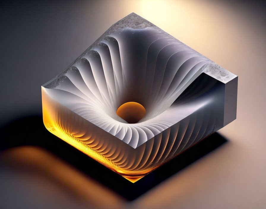 Geometric 3D Cube with Spiral Pattern and Warm Illumination