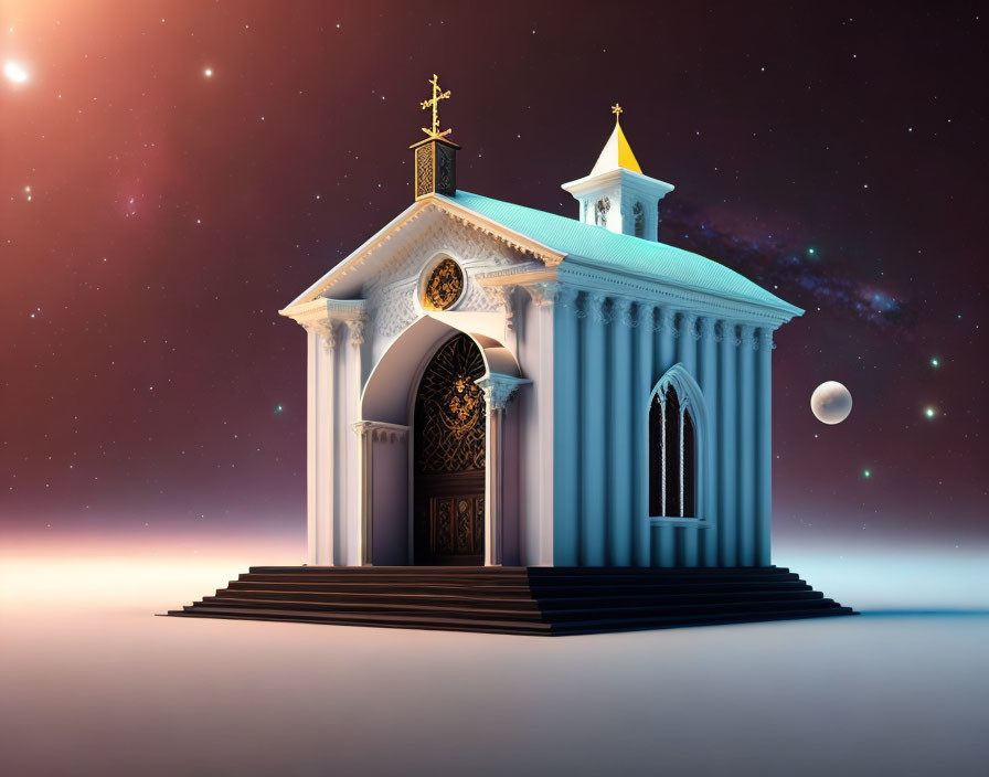 Classical church steps on starry background with distant planet