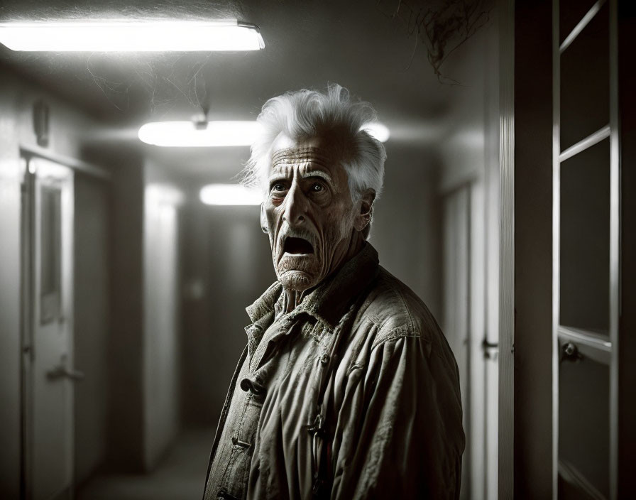 Shocked elderly man in dimly lit corridor with cobweb