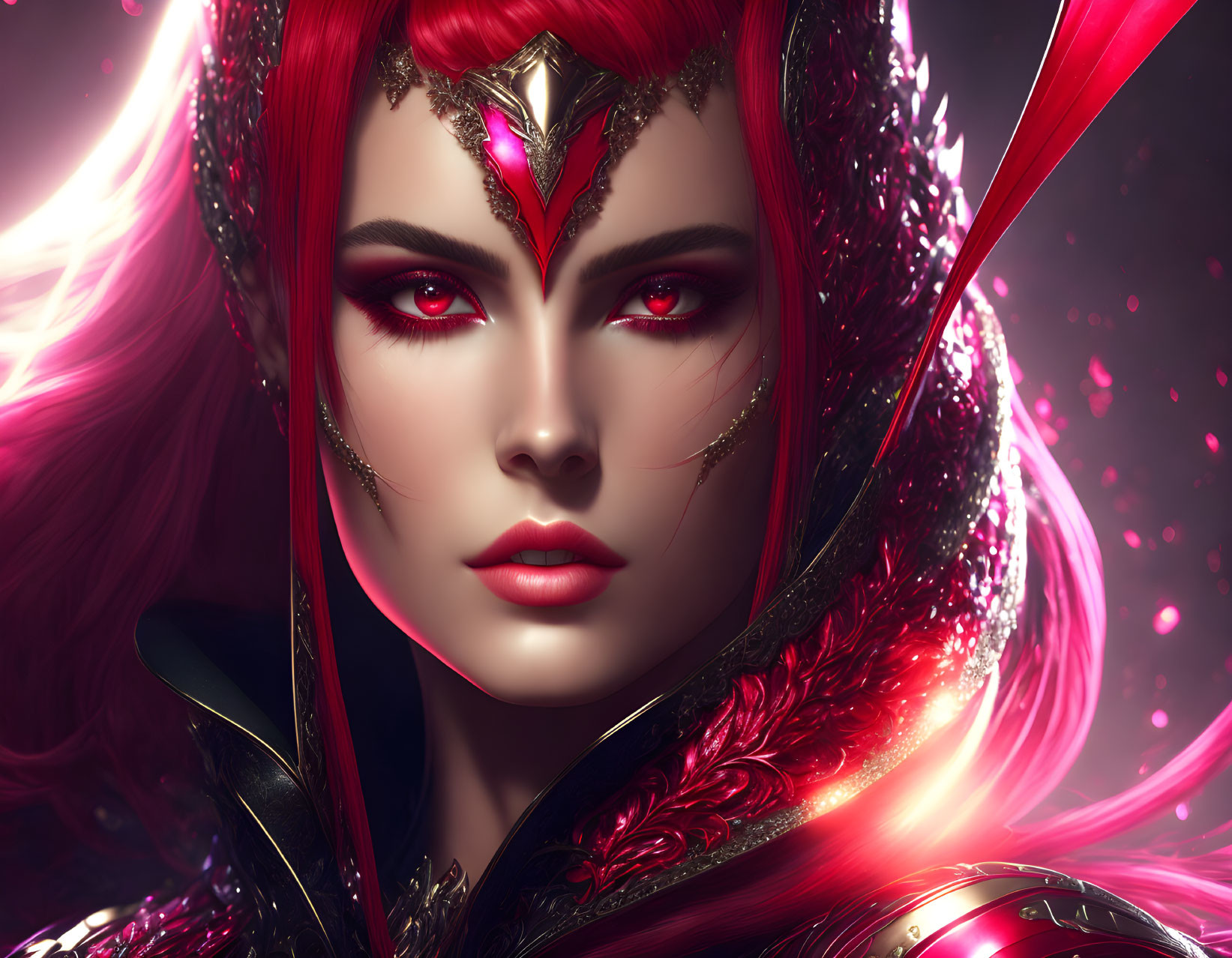 Digital art portrait of a woman with red flowing hair, striking makeup, and a detailed crimson and gold