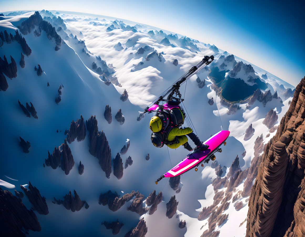 Skier performing aerial maneuver over snow-covered mountain range