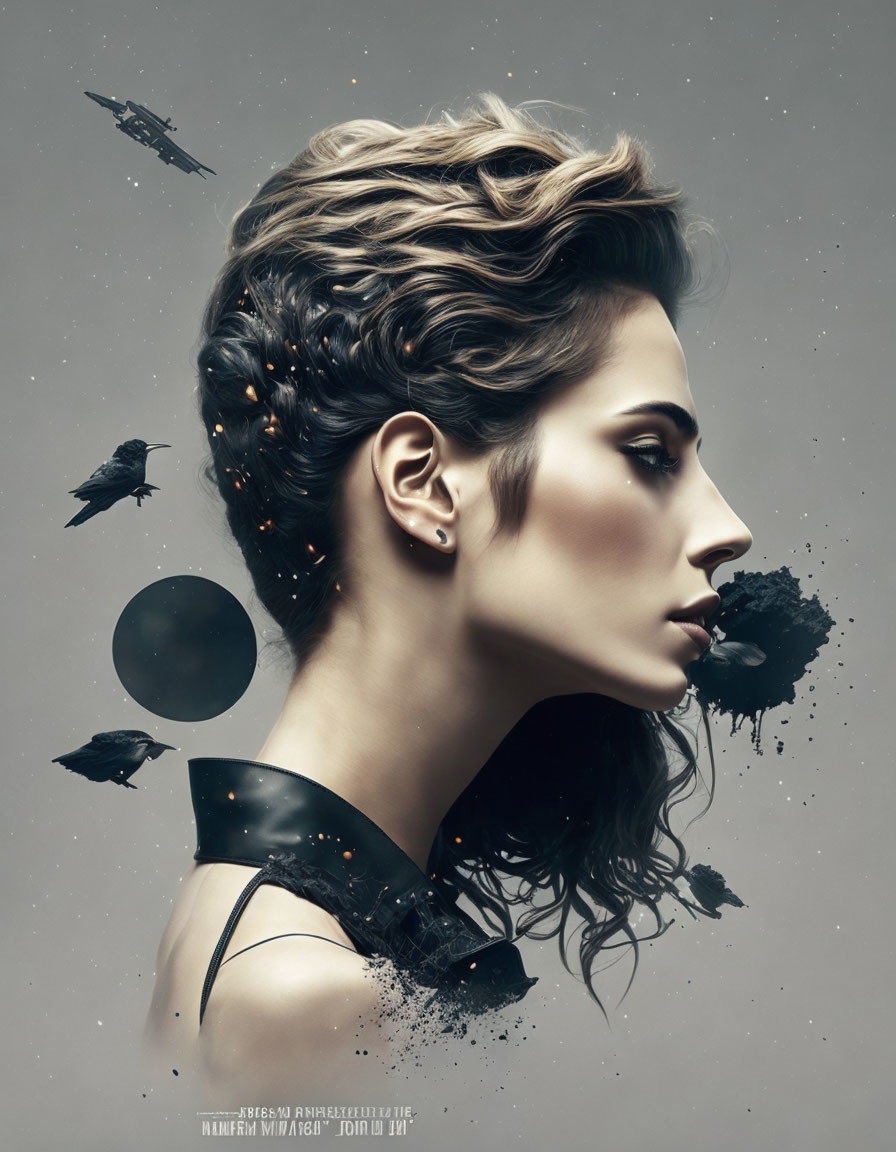 Stylish haircut woman with black splashes and birds on light background