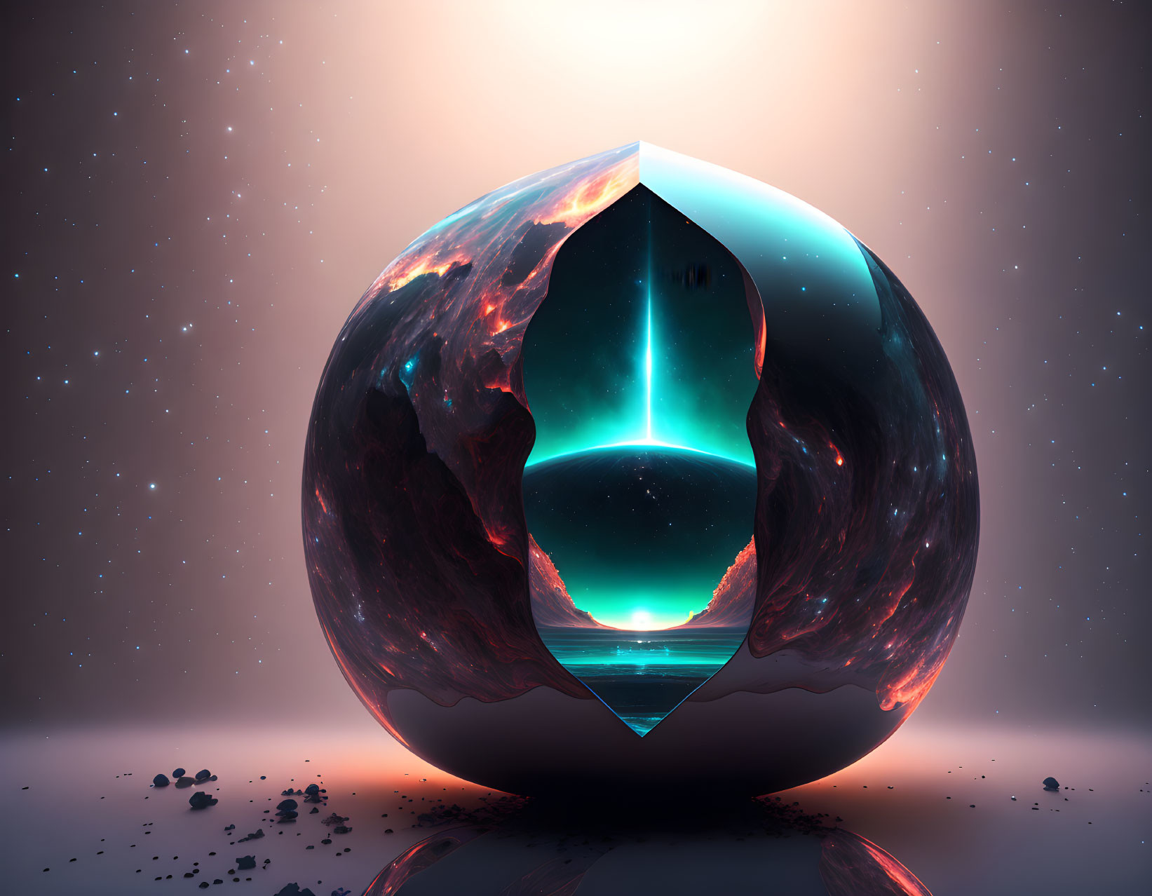 Crystal Sphere Revealing Tranquil Seascape Amid Cosmic Background