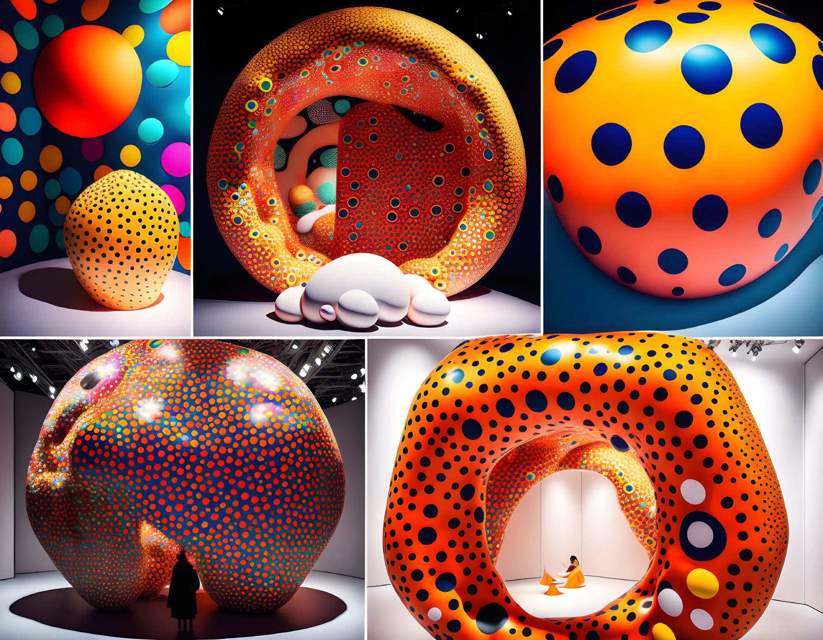 Six vibrant polka-dotted orbs and sculptures in art exhibit with observers for scale