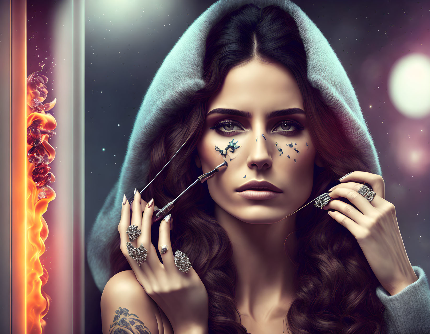 Digital artwork of woman with hood, dramatic makeup, tattoos, touching face with stylized tool