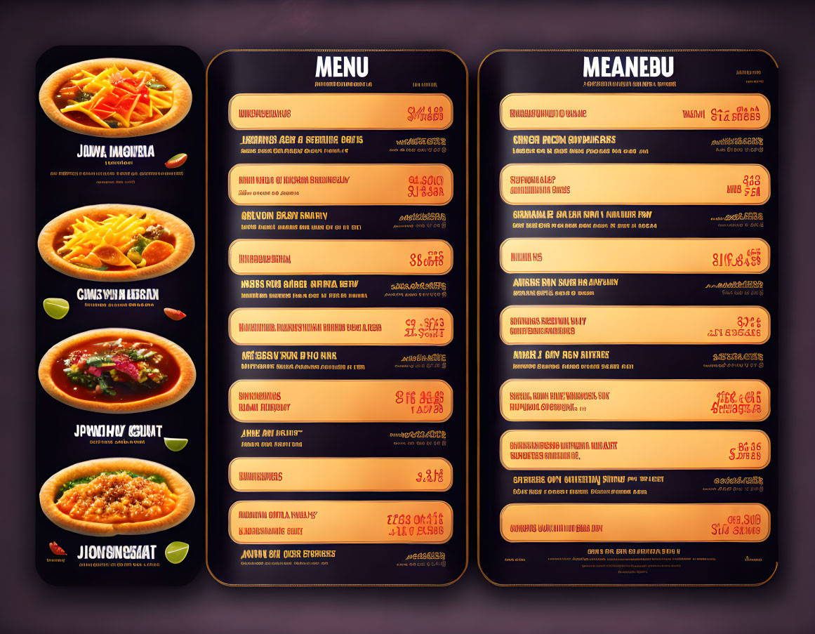 Bi-fold menu showcasing pasta, soups, and prices on dark background