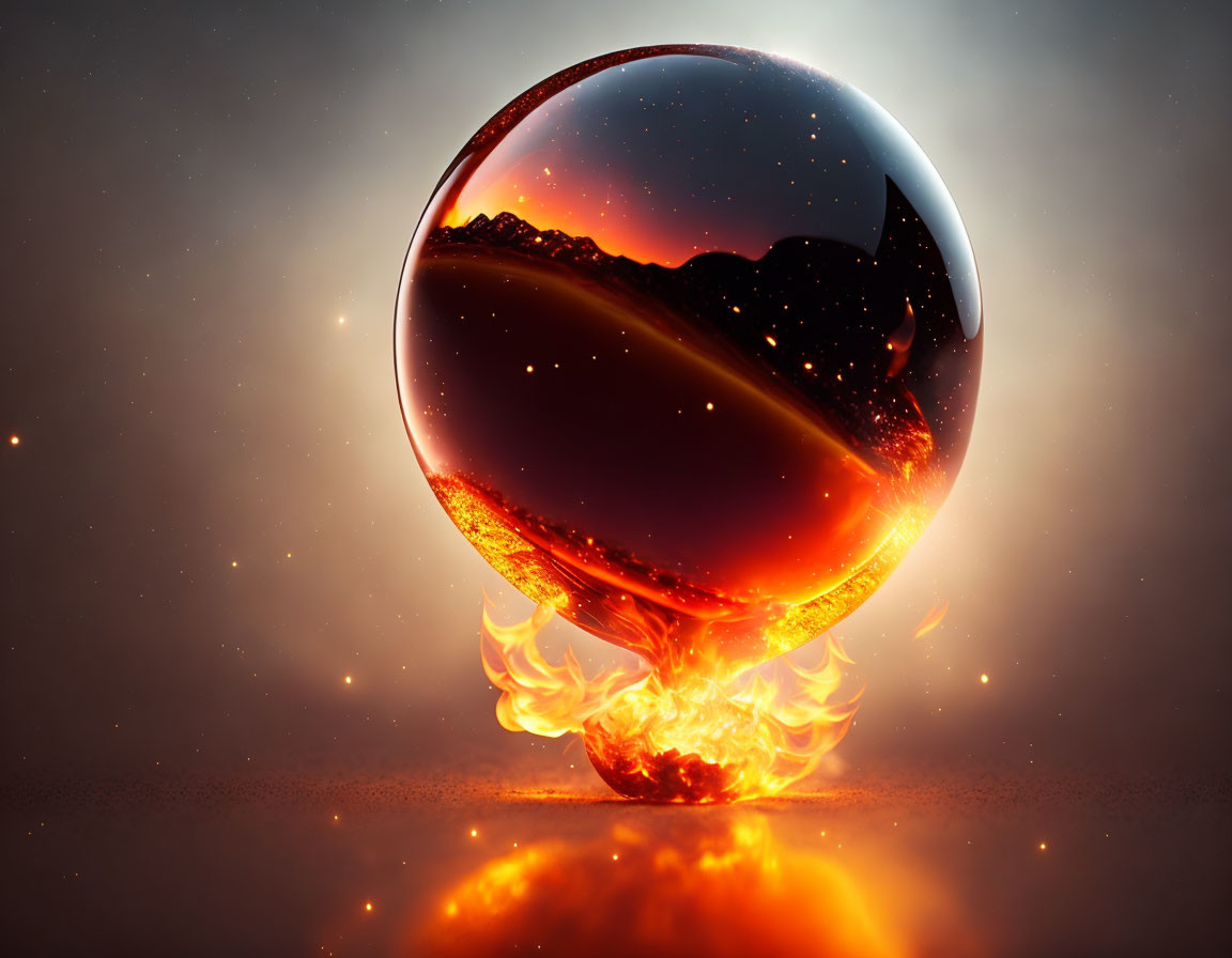 Fiery sphere with molten lava and starry sky reflected on shiny surface