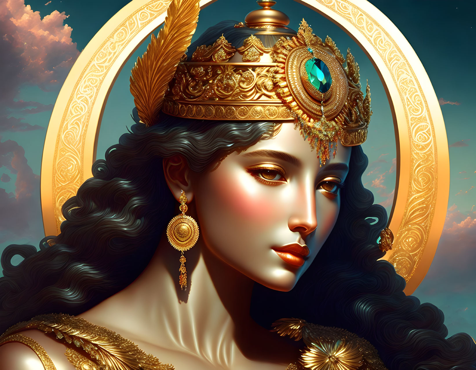 Stylized portrait of woman with ornate headpiece against cloudy sky