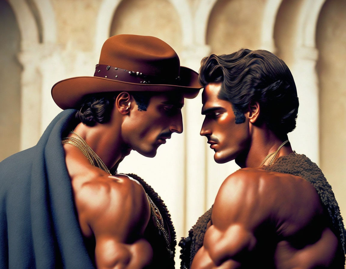 Muscular animated characters in face-off with hat and cape against classical architecture.