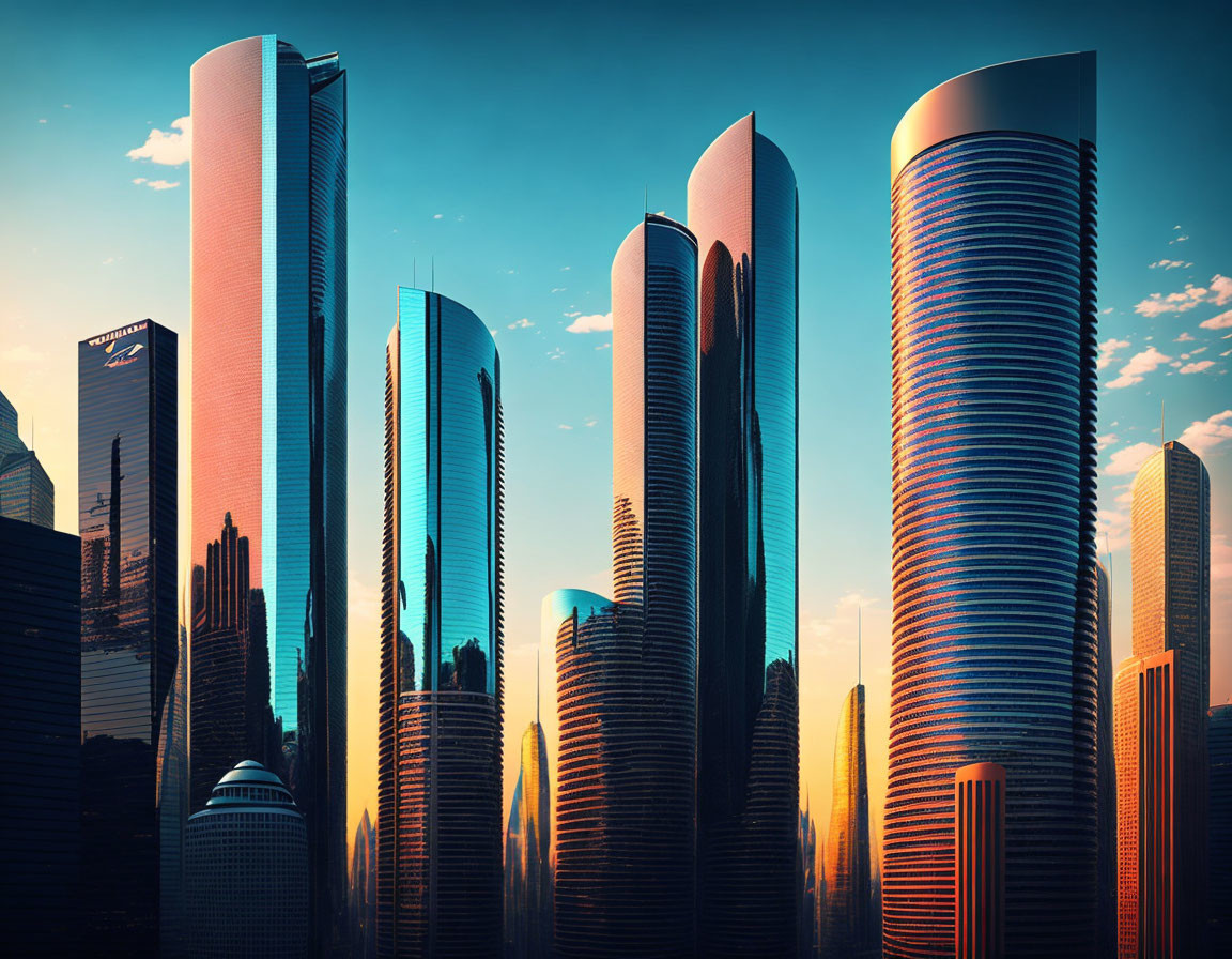 Modern skyline of tall skyscrapers at sunset.