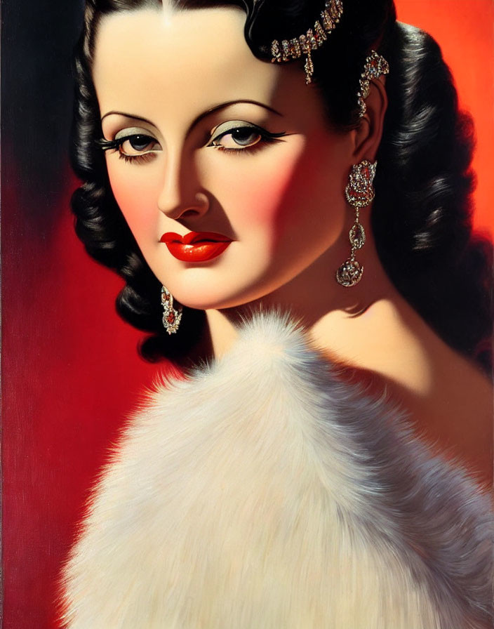 Vintage portrait of a woman with red lips, white fur stole, sparkling earrings, and mid-20