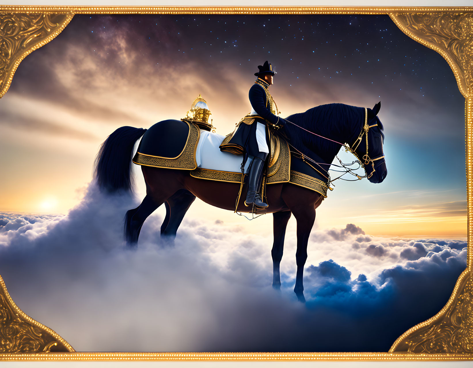 Silhouetted figure on horseback in ornate attire above clouds on starry dusk sky.