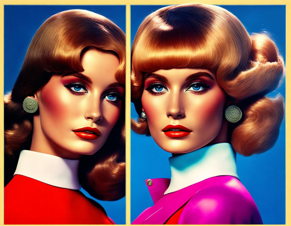 Stylized vintage portraits of a woman with voluminous hair and bold makeup