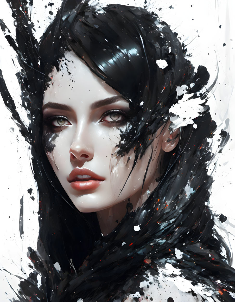 Digital portrait of a woman with black hair and ink-like splashes.