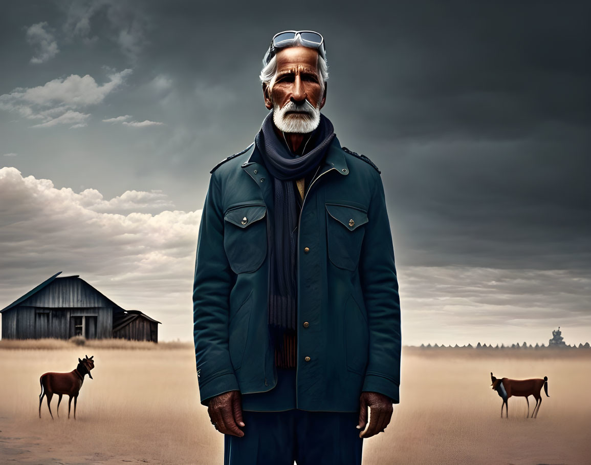 Elderly man with beard and sunglasses in field with horses and barn under cloudy sky