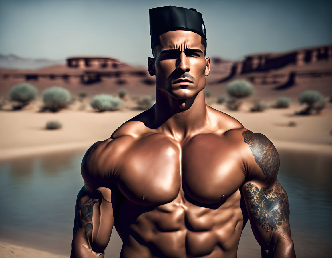 Male model with chef hat and tattoo in desert setting