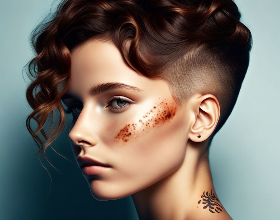 Digital artwork: Woman with half-shaved, curly hair, freckles, and neck tattoo