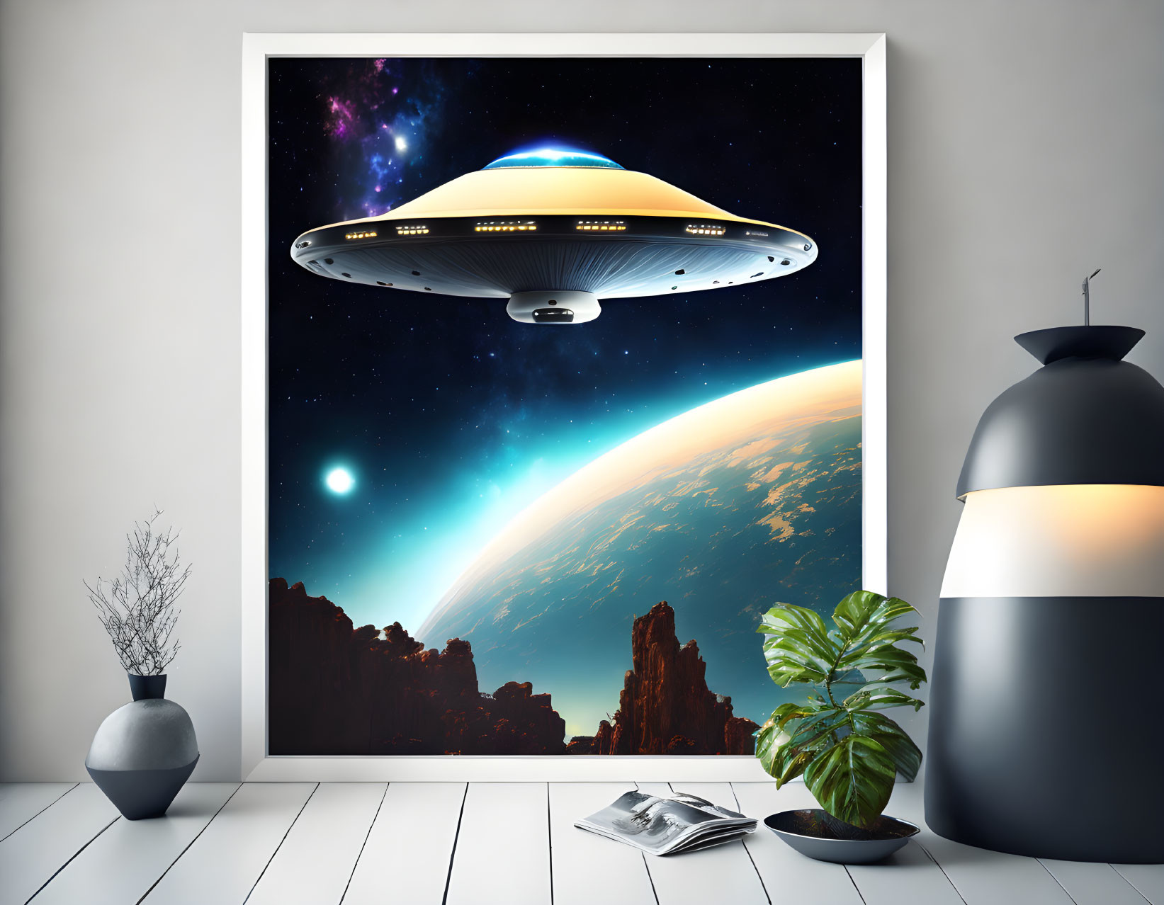 Spaceship orbiting planet poster in modern room with plant and magazine