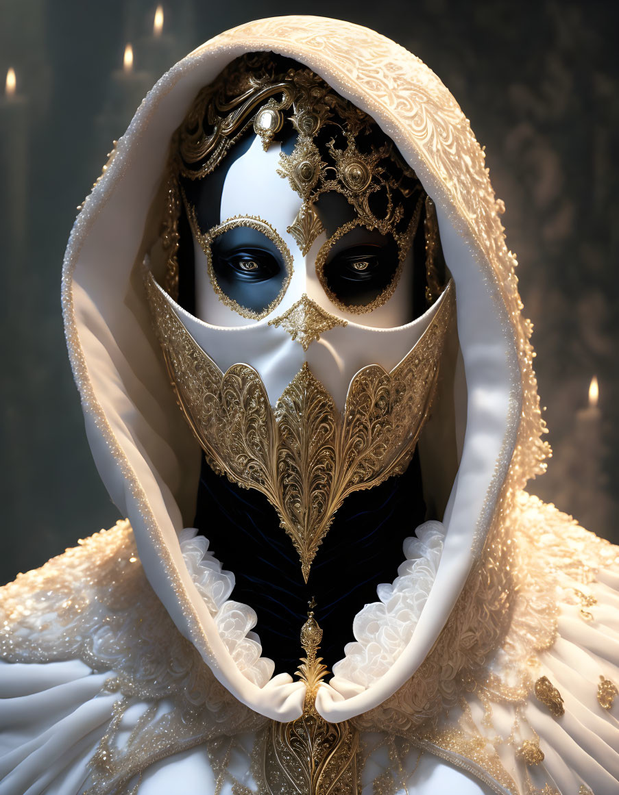 Intricate white and gold Venetian mask with matching cloak in candlelit setting